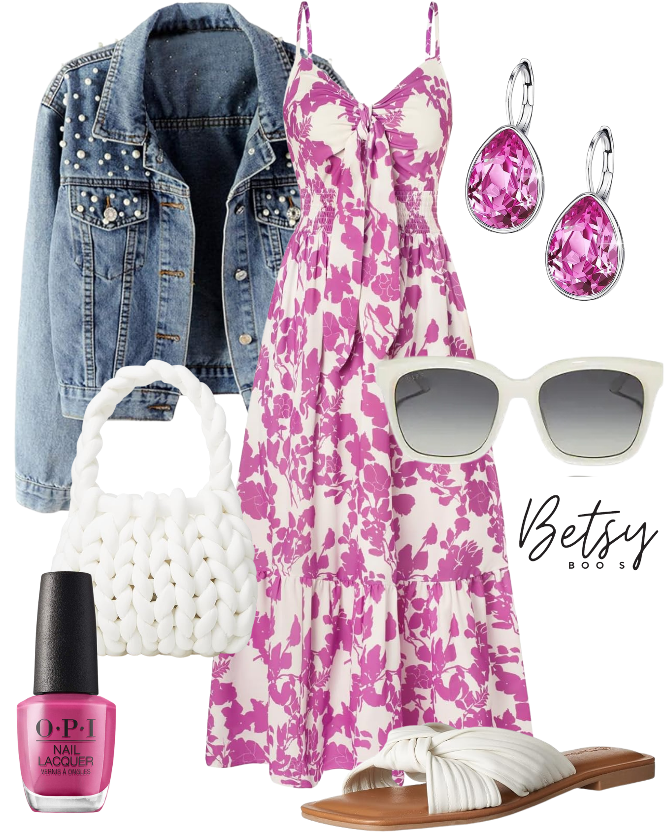 A floral pink and white sundress with spaghetti straps, a denim jacket with pearl embellishments, white slide sandals with knotted straps, white sunglasses, pink teardrop gemstone earrings, white braided handbag, and pink nail polish.