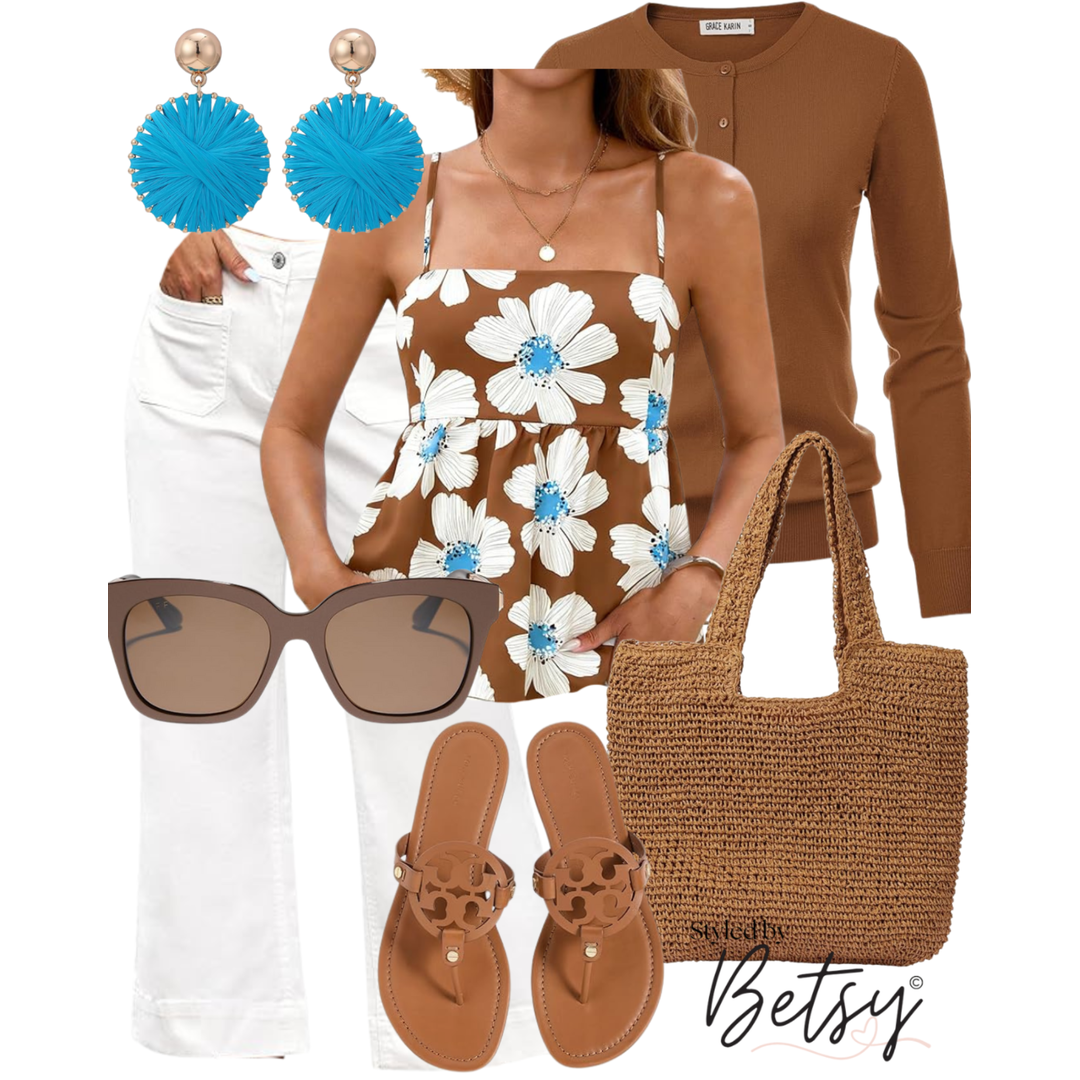Casual summer outfit including white wide-leg pants, a floral brown dress with white and blue flowers, a brown cardigan, large brown sunglasses, blue statement earrings, tan sandals, and a woven tan tote bag.