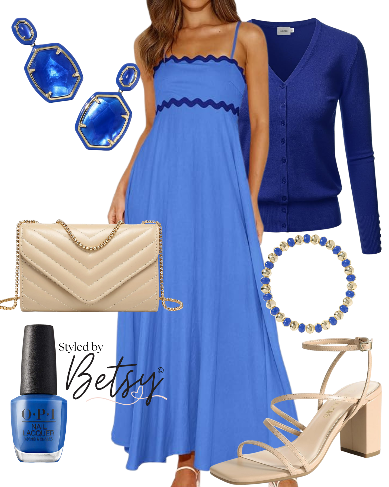 Blue dress with matching accessories including earrings, bracelet, necklace, beige high-heeled sandals, a royal blue cardigan, a beige purse, and blue nail polish.