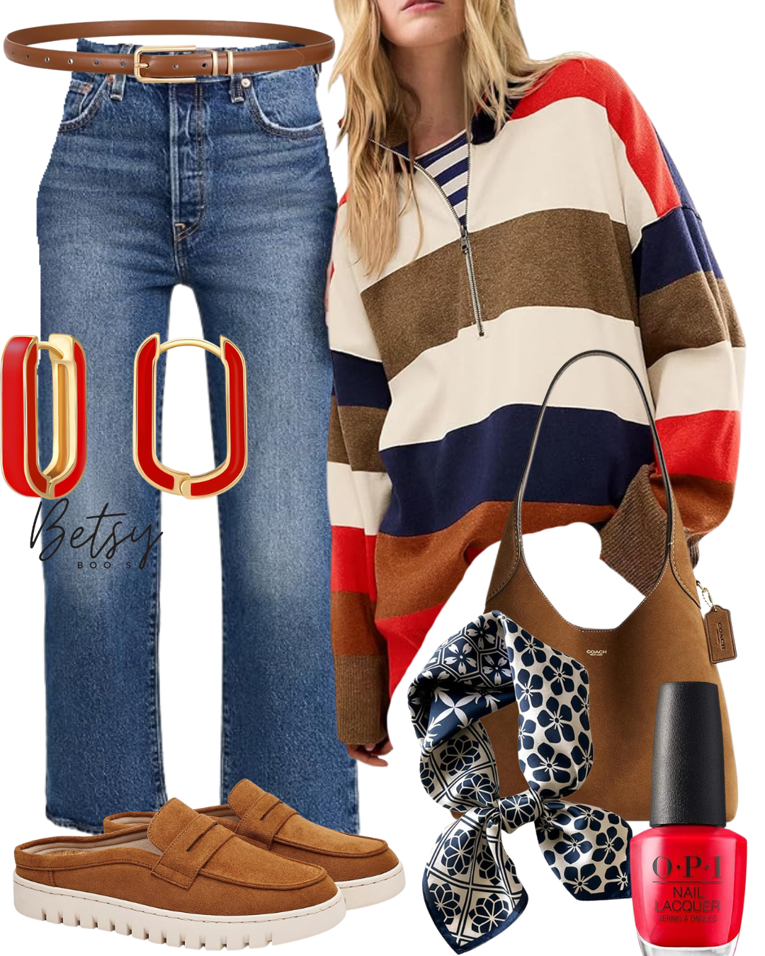 Casual women's outfit with blue high-waisted jeans, brown belt, colorful striped pullover, brown handbag, patterned scarf, tan loafers, red nail polish, and O.P.I nail lacquer.
