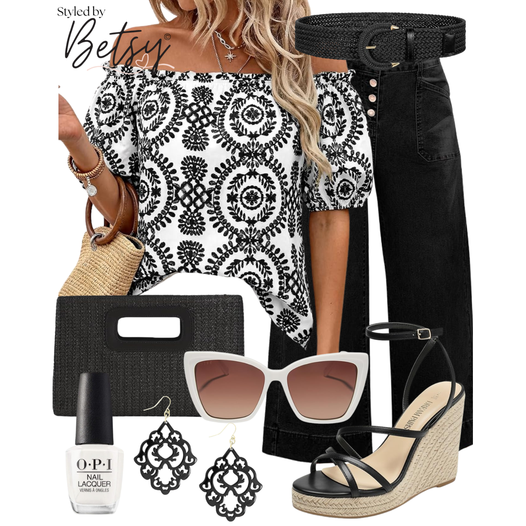 Flat lay of a stylish summer outfit featuring a black and white off-shoulder embroidered top, black wide-leg jeans, black woven belt, black wedge sandals, large white sunglasses with gradient lenses, black clutch purse, black floral earrings, white O
