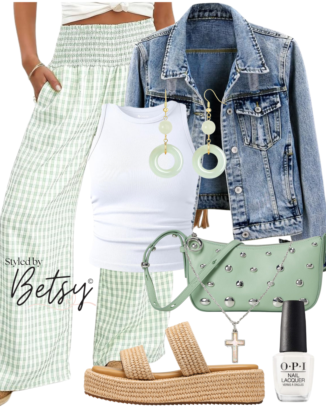 Casual summer outfit with light green gingham wide-leg pants, a white sleeveless tank top, a cropped denim jacket, mint green circular earrings, a matching mint green handbag with silver studs, woven tan platform sandals, a silver cross necklace, and