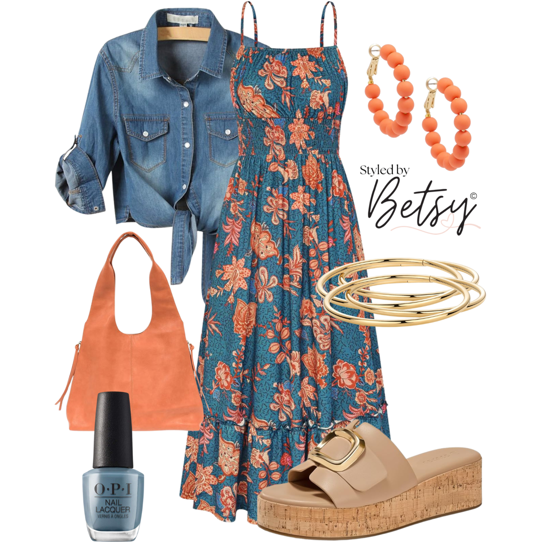 A casual summer outfit with a blue floral maxi dress, denim jacket, coral bead hoop earrings, gold bangles, beige platform sandals, peach tote bag, light blue nail polish, and a signature style by Betsy.