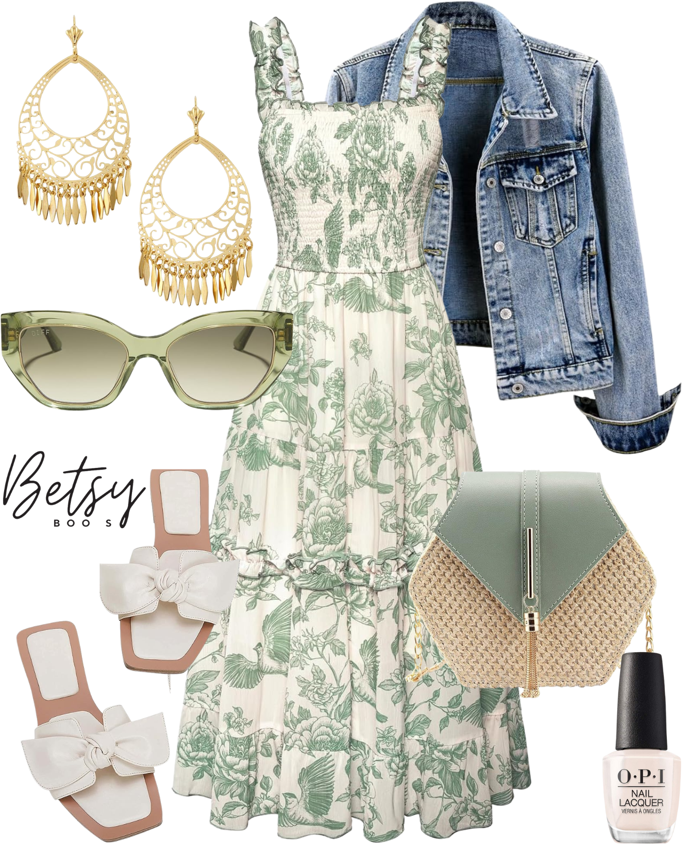 A summer outfit ensemble including a white and green floral dress with ruffles, a light blue denim jacket, beige slide sandals with bows, light green sunglasses, gold filigree earrings, a green and beige purse, black nail polish, and a pair of white 