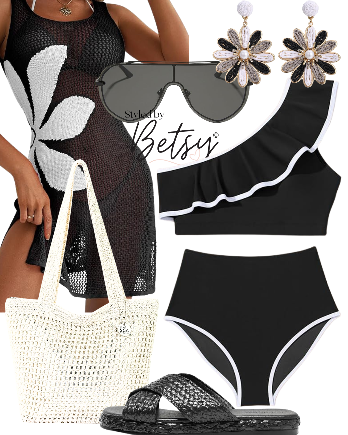 Arrangement of fashionable clothing and accessories, including a black mesh dress with large white flower pattern, black and white ruffle bikini, large black sunglasses with dark lenses, floral earrings with white, black, and gold details, a white wo