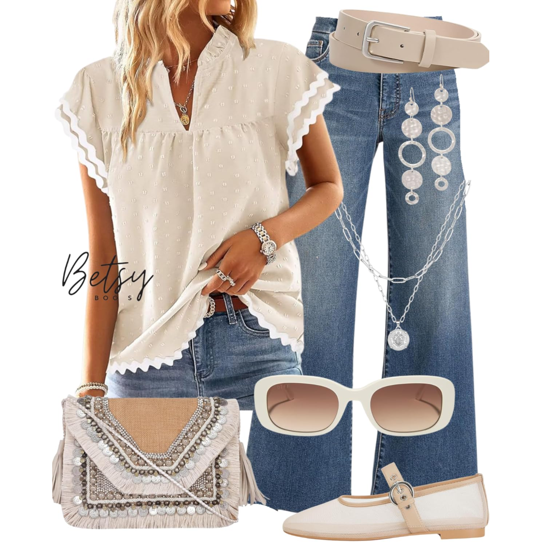Casual summer outfit featuring a beige blouse with scalloped edges, blue jeans with chain accessories, beige belt, white sunglasses, pearl earrings, layered necklace, silver jewelry, cream flats, and a beige embellished handbag.