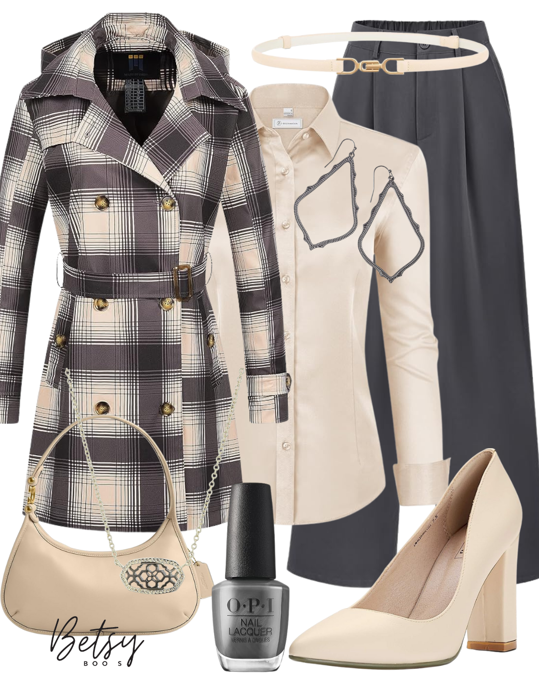 Fashion ensemble featuring a plaid trench coat, cream blouse, dark wide-leg pants, beige heels, cream belt, cream handbag, black earrings, and gray nail polish.