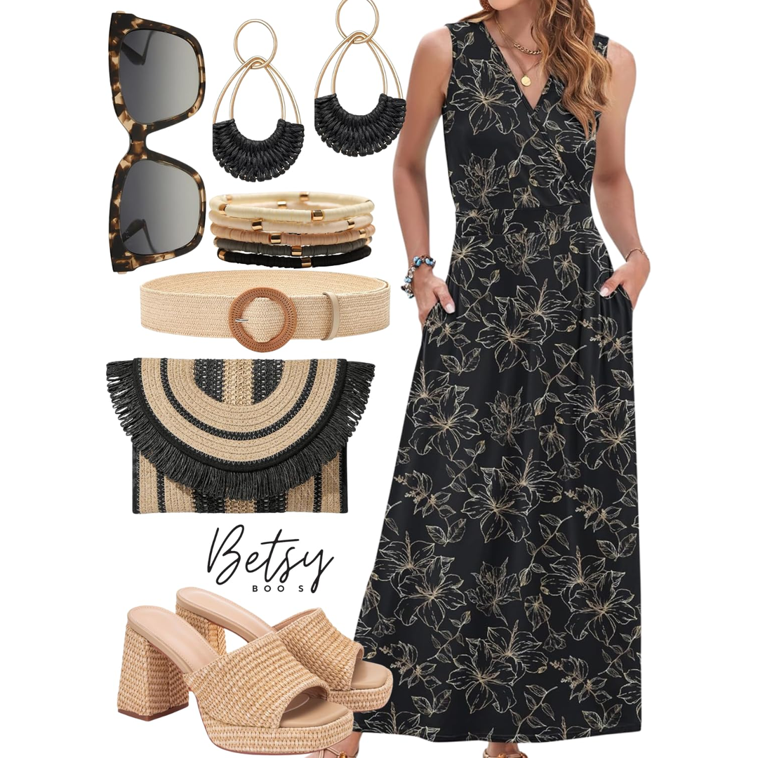 A woman wearing a black sleeveless floral maxi dress, surrounded by accessories including tortoise shell sunglasses, black and gold statement earrings, multiple neutral-toned bracelets, a woven belt, a black and beige woven clutch, and nude woven blo