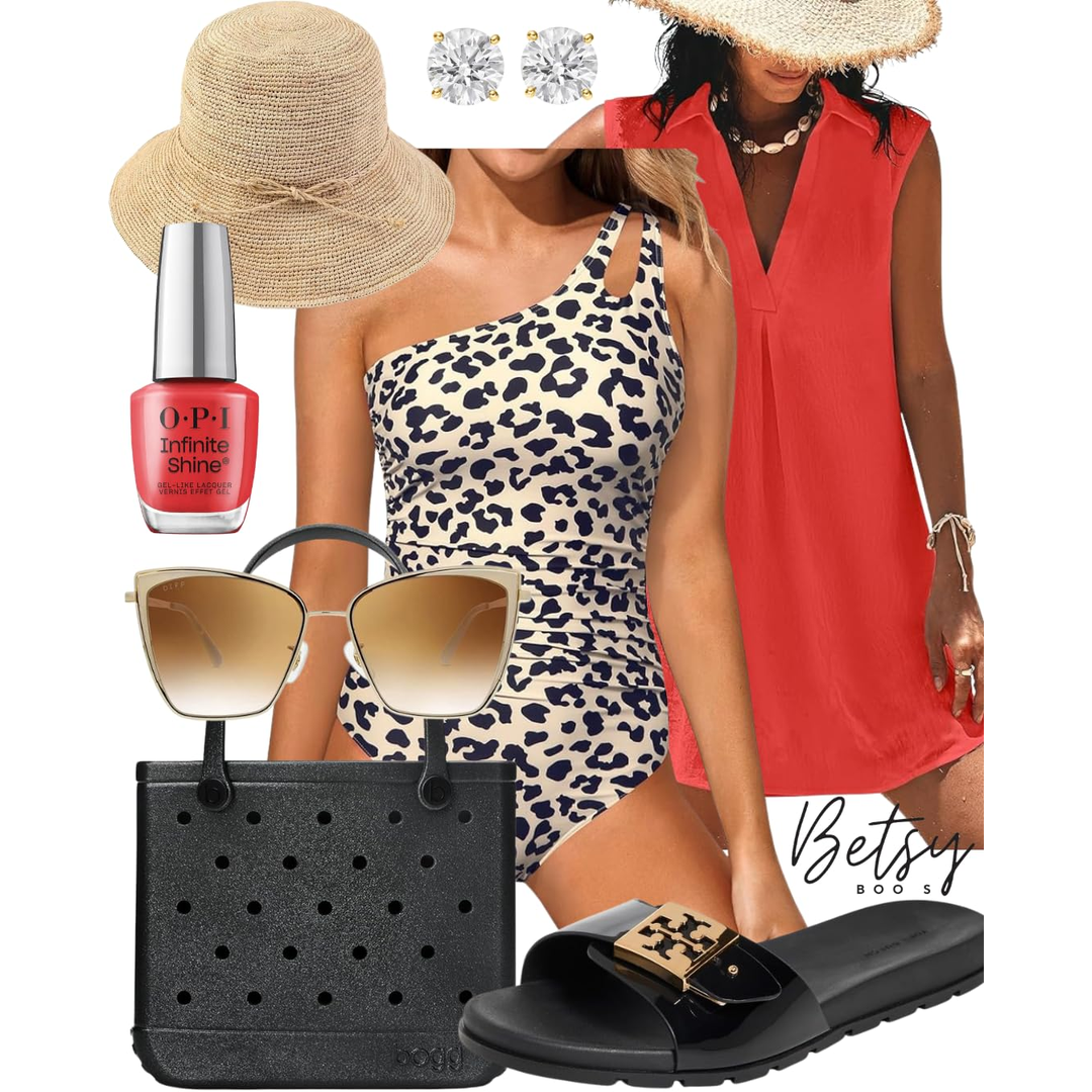 A collage of summer fashion and accessories including a wide-brim straw hat, a pair of diamond stud earrings, Coral pink nail polish, a leopard print one-shoulder swimsuit, sunglasses, a black cargo bag, a black slide sandal with a gold buckle, and a