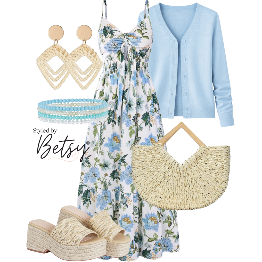 A light blue cardigan, a floral maxi dress, beige wedge sandals, a woven straw handbag, a set of pastel bead bracelets, beige woven earrings, and a set of light blue beaded bracelets.