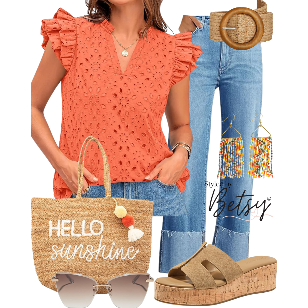 Women's summer outfit featuring an orange eyelet top with ruffled sleeves, ripped blue jeans with a tan woven belt, tan platform sandals, a straw tote bag with 'HELLO sunshine' embroidered on it, round sunglasses, colorful beaded earrings, and a silv