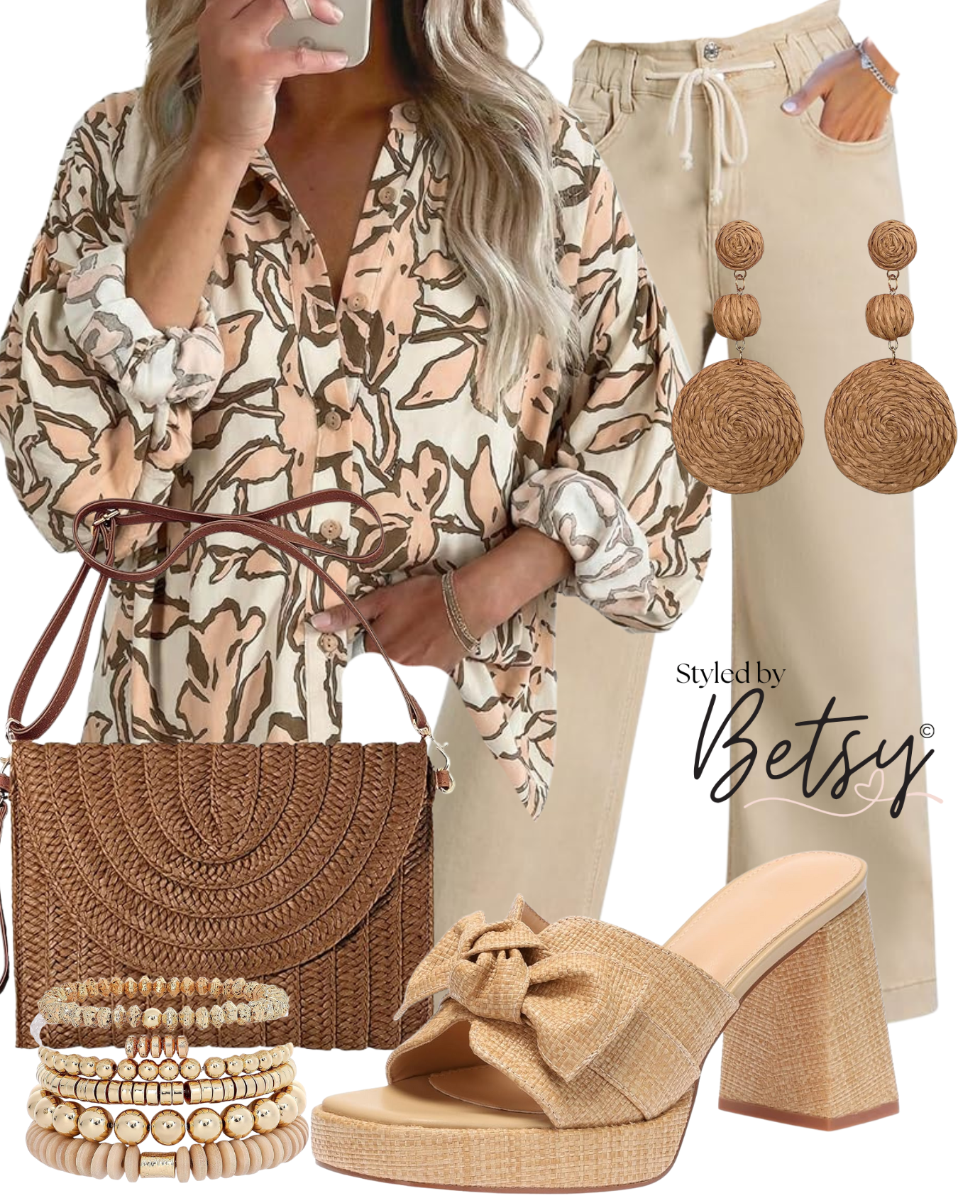 A fashion collage featuring a woman in a beige and brown patterned blouse with rolled sleeves, beige drawstring pants, large wood-textured earrings, a brown woven handbag, a set of gold and beige jewelry, and beige high-heeled sandals with a bow and 