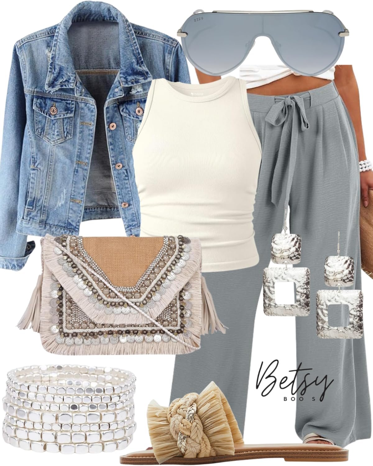 A casual summer outfit with a denim jacket, gray wide-leg pants, a white sleeveless top, silver sunglasses, a beaded bracelet, a patterned clutch, square drop earrings, a beige braided sandal with fringe, and a wrist scrunchie.