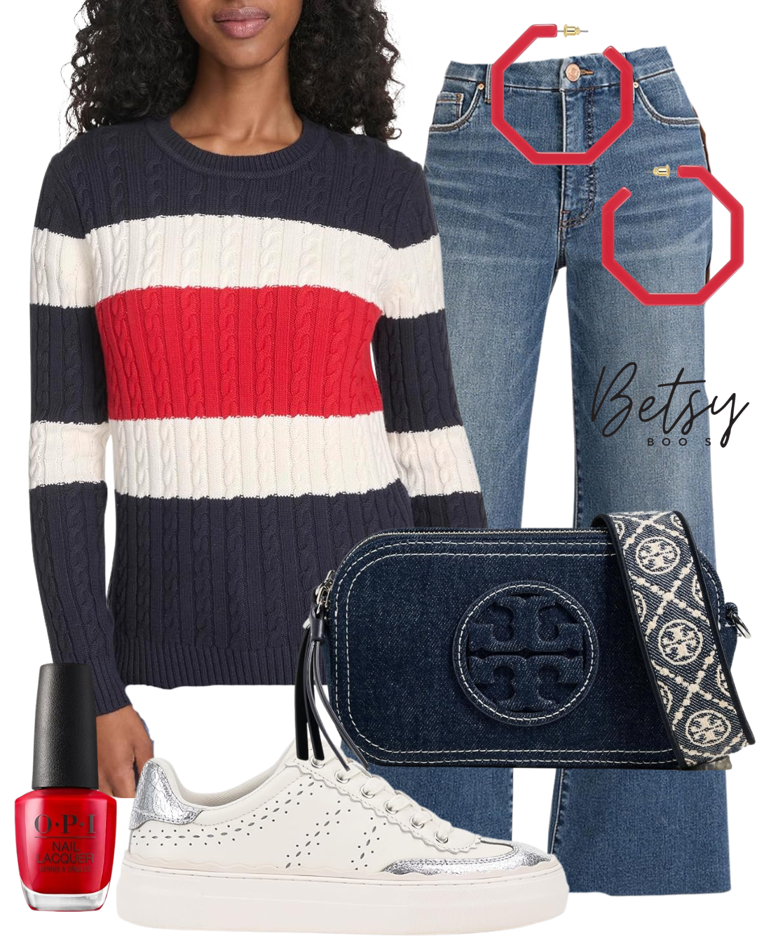 A casual outfit featuring a navy, white, and red striped cable-knit sweater, blue jeans, white sneakers with silver accents, a dark denim and patterned crossbody bag, red octagon shaped jewelry, a bottle of red nail polish, and a necklace with a gold
