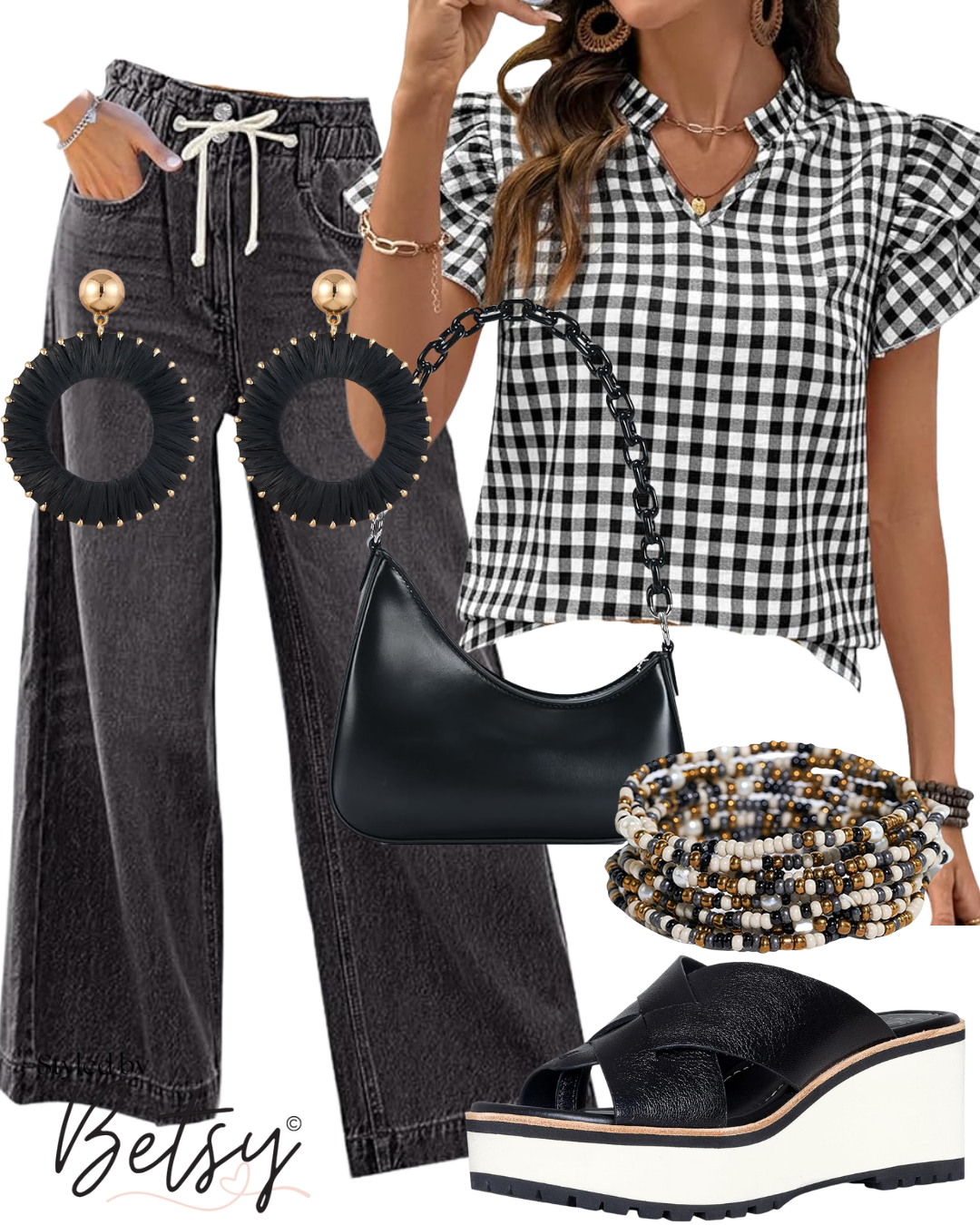 Flat lay of a casual outfit featuring a gingham check button-up shirt, black high-waisted jeans with a drawstring, black platform sandals, a black purse with a chain strap, black and gold hoop earrings, a stack of multi-colored beaded bracelets, and 