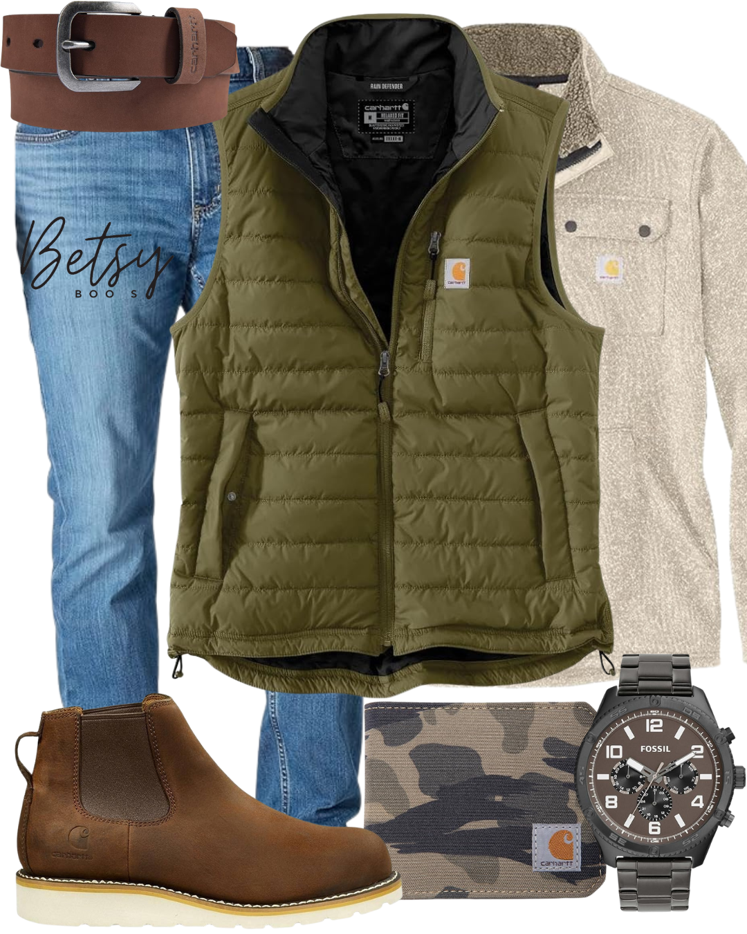 A men's casual outdoor outfit with a green puffer vest, beige flannel shirt, blue jeans, brown leather boots, black wristwatch, camouflage wallet, and a brown belt.