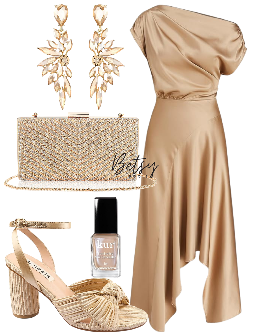Gold satin one-shoulder dress with a draped bodice and wide-leg pants, gold floral chandelier earrings, gold clutch purse with crystal embellishments, nude block heel sandals with knotted detail, beige nail polish, and nude nail concealer.