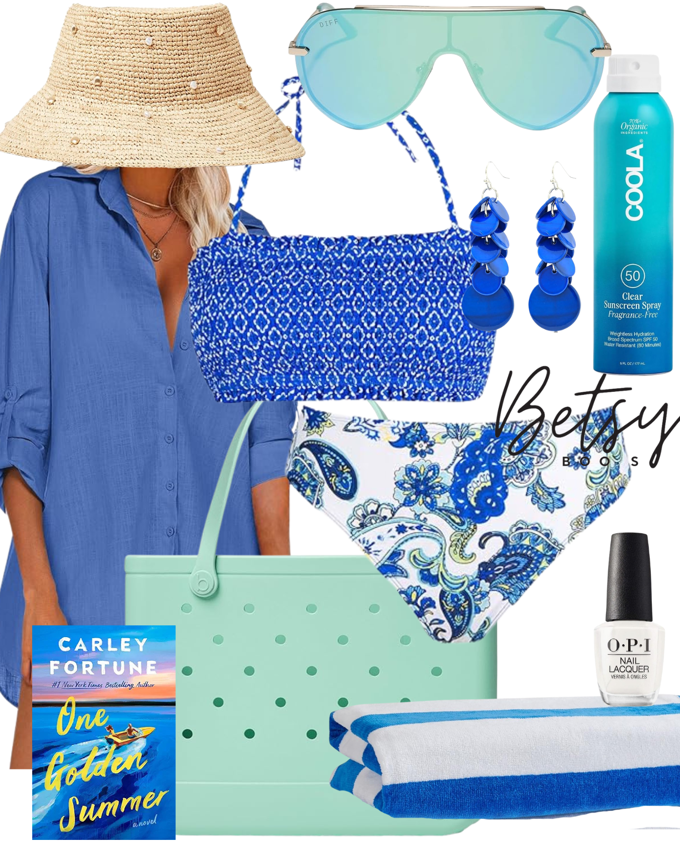 A collection of summer accessories and clothing, including a blue shirt, a wide-brimmed straw hat, blue sunglasses, blue earrings, a blue and white patterned bikini, a turquoise handbag, a strip towel, sunscreen spray, nail polish, and a book titled 
