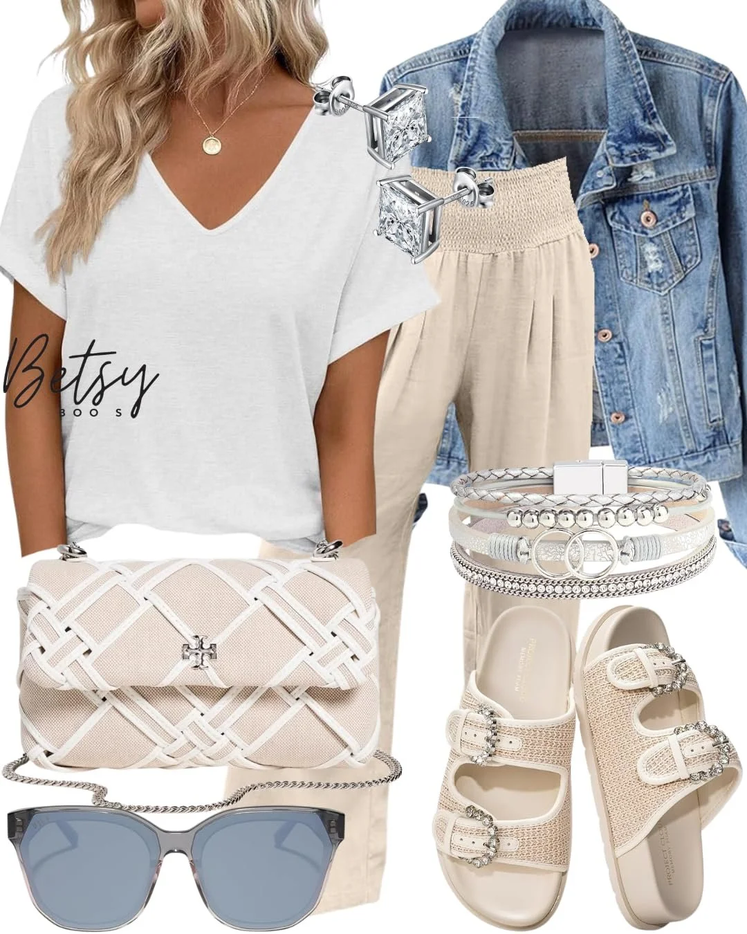A collage of fashion items including a white V-neck T-shirt, beige pants, denim jacket, beige sandals with sparkly embellishments, a cream-colored fashionable handbag, sunglasses with blue lenses, and silver jewelry including earrings and bracelets.