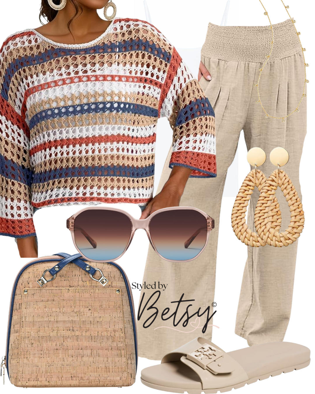 Summer outfit including a multicolored crochet top, beige linen pants, beige slide sandals, oval sunglasses with gradient lenses, woven beige earrings, a gold layered necklace, a blue-trimmed woven bag, and a pair of gold and beige earrings.