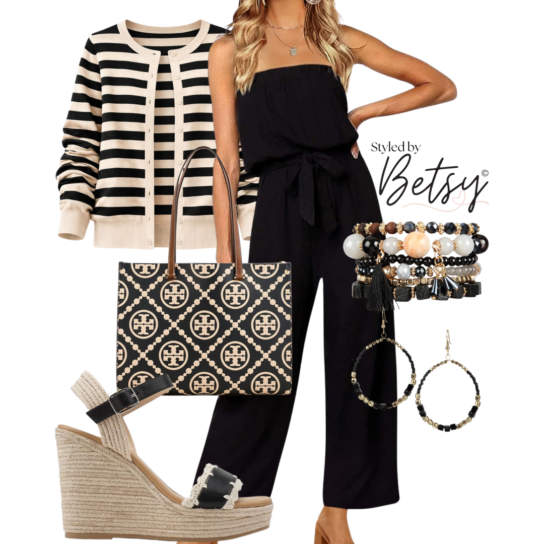 Fashion collage with black strapless jumpsuit, striped beige and black cardigan, black and beige patterned tote, beige wedge sandals, and jewelry including stackable bracelets and hoop earrings.
