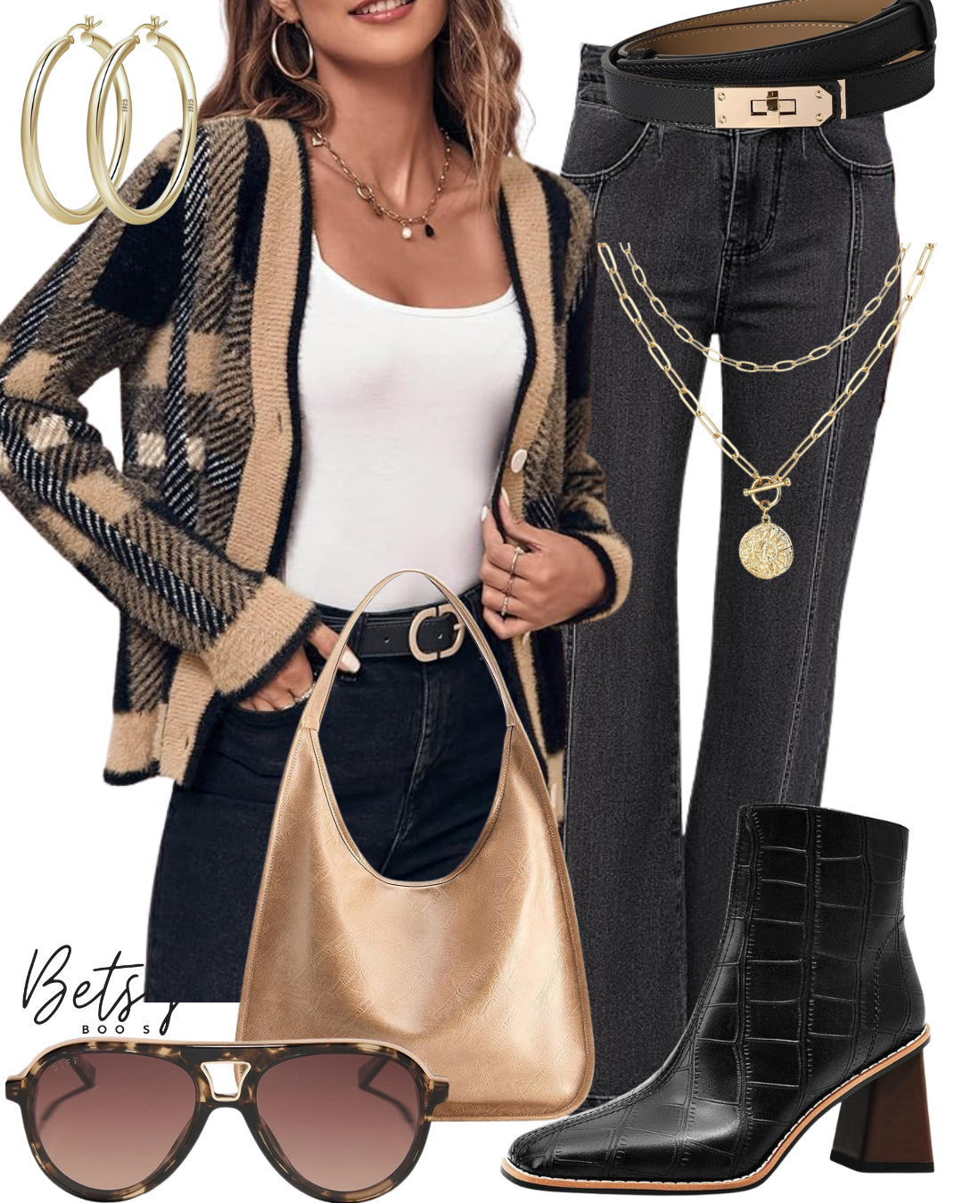 Fashion ensemble including a plaid blazer, white top, black jeans with gold chain accessories, black leather boots, gold handbag, sunglasses, and jewelry with hoop earrings and layered necklaces.