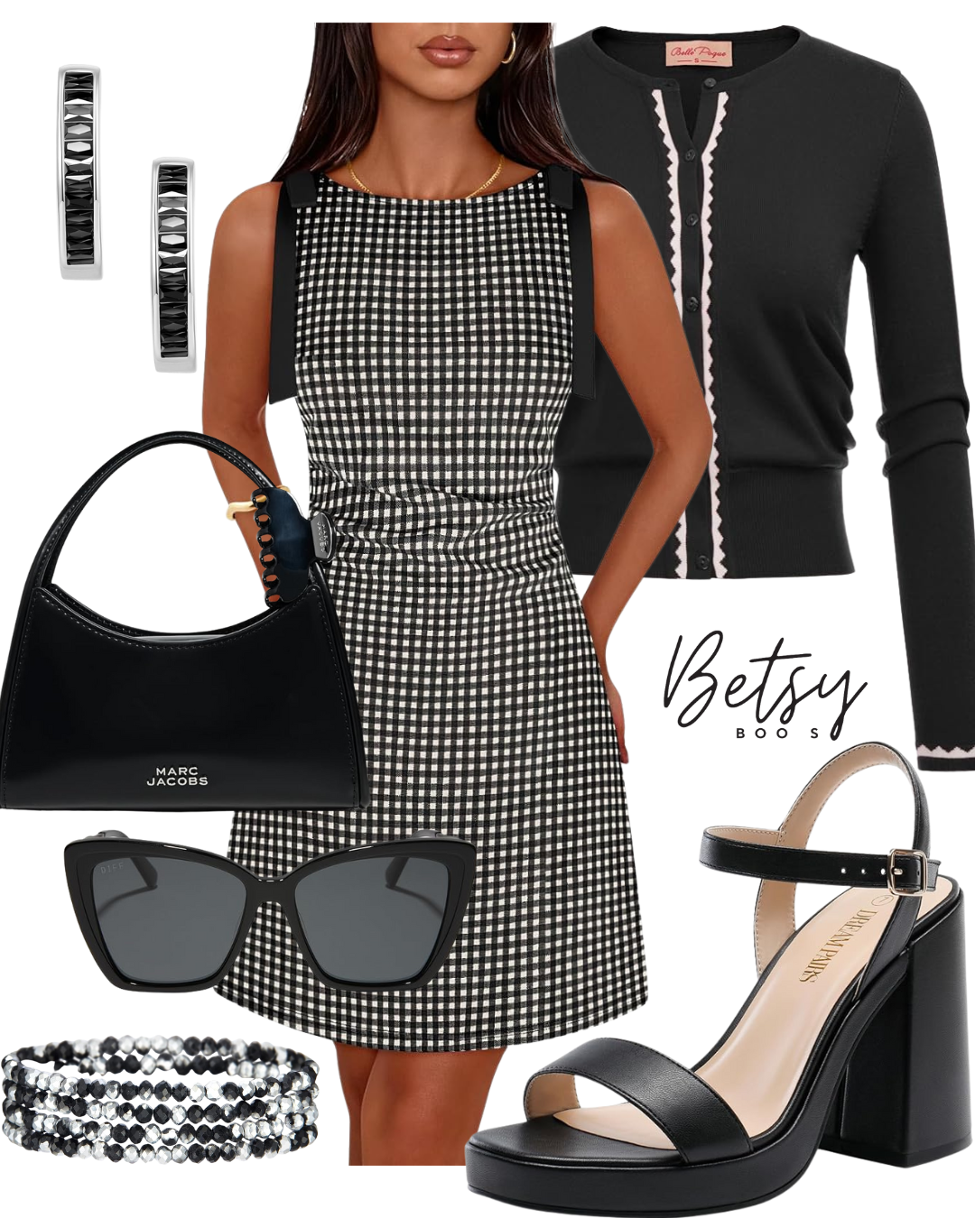 Black and white checked dress with black shoulder straps, black cardigan with scalloped trim, black high-heeled sandals, black Marc Jacobs handbag, black sunglasses, black and silver jewelry including earrings and bracelet, and the name Betsy Boss.