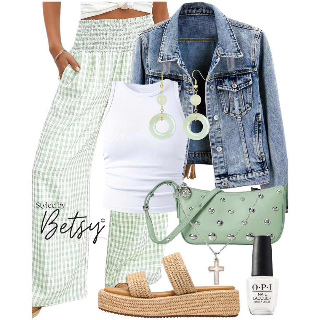 Fashion collage featuring a woman wearing green and white gingham pants, paired with a white tank top and denim jacket. Accessories include green earrings, a mint green handbag with silver embellishments, a necklace with a cross pendant, and beige wo
