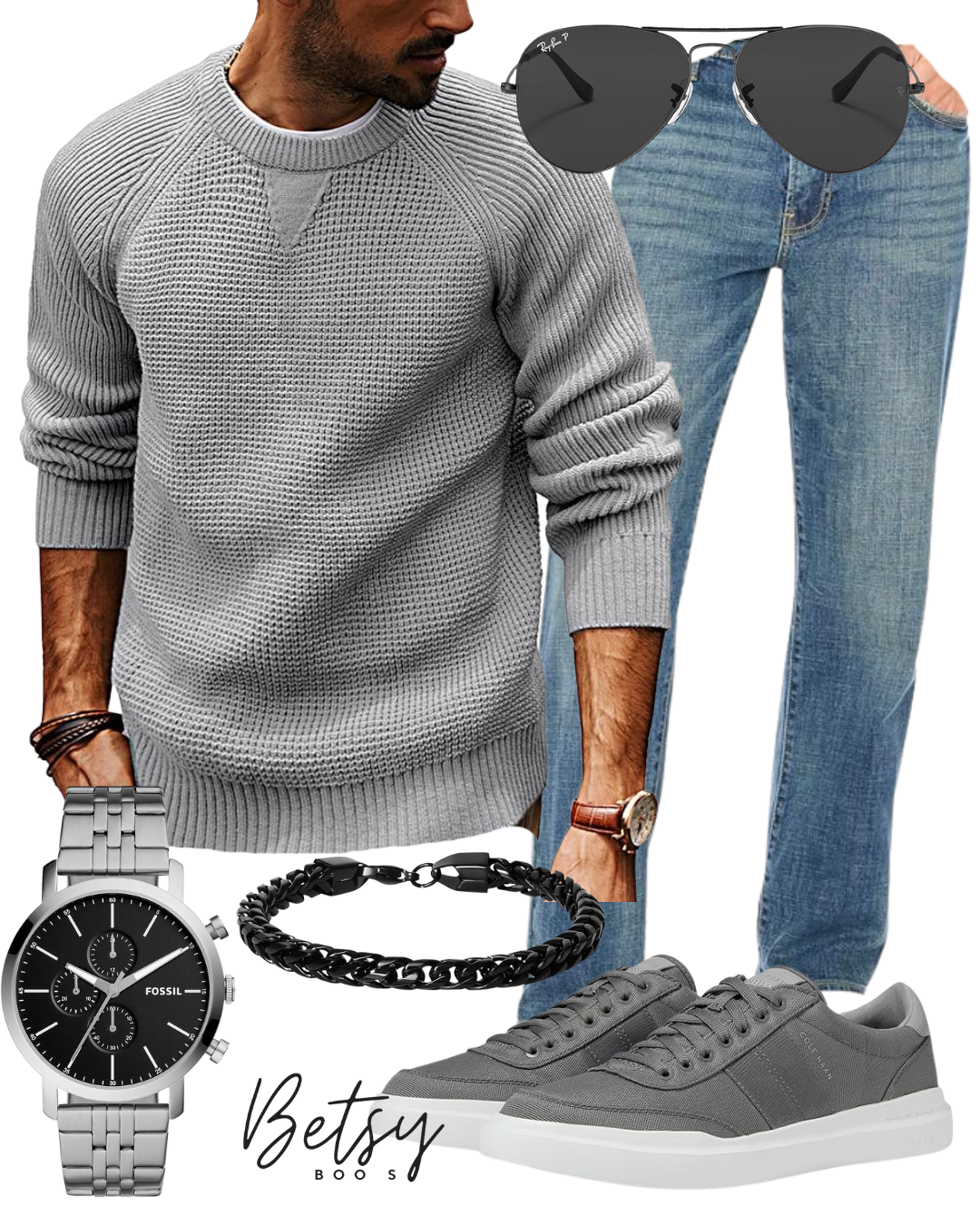 Men's casual outfit showcasing gray sneakers, light blue jeans, gray textured sweater, black sunglasses, silver watch, black bracelet, and black chain bracelet.