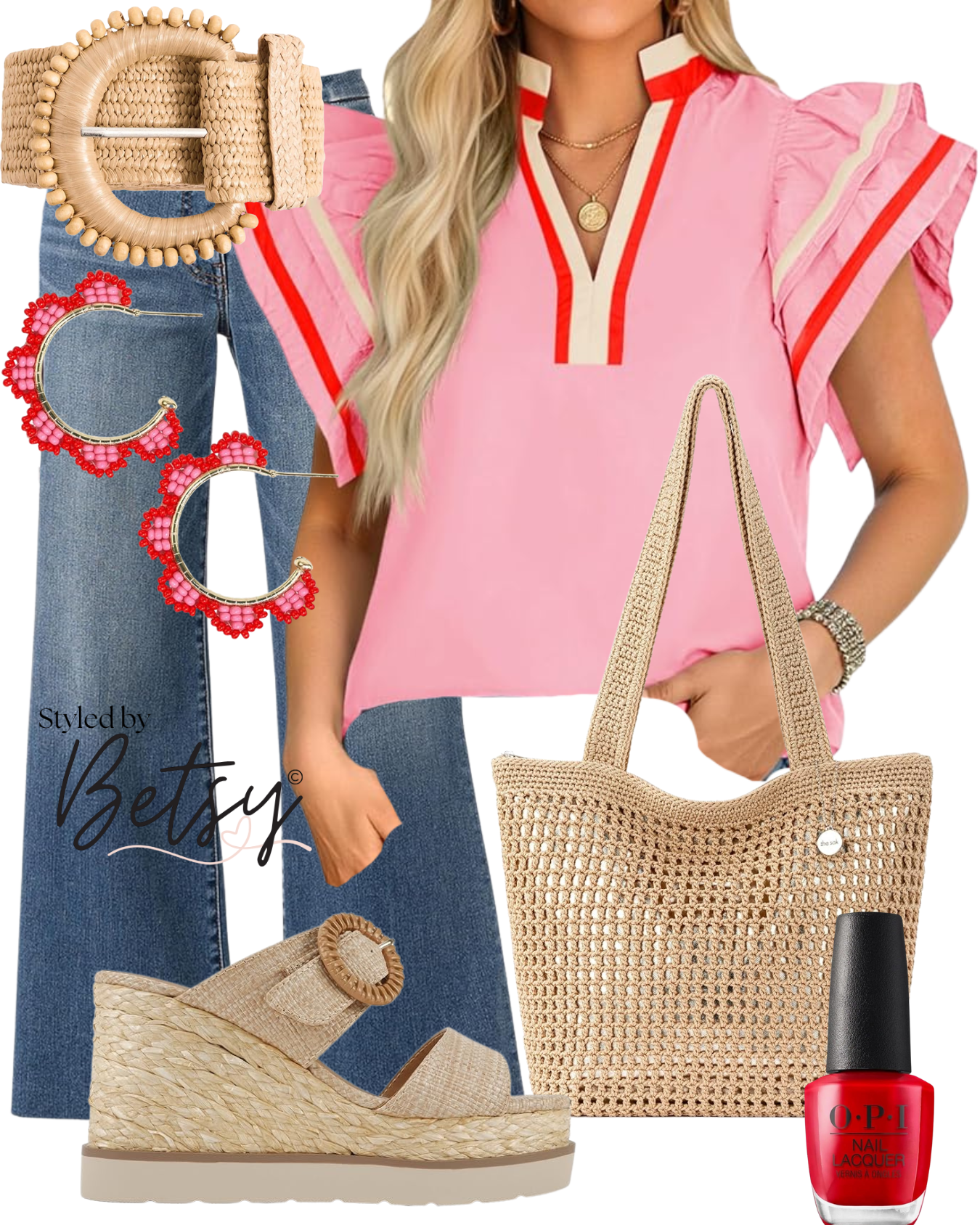 Fashion outfit featuring a pink top with red and cream trim, blue jeans, beige wedge sandals, a woven straw tote bag, a beige woven belt, pink and red beaded hoop earrings, a gold necklace, a bracelet, and red nail polish.