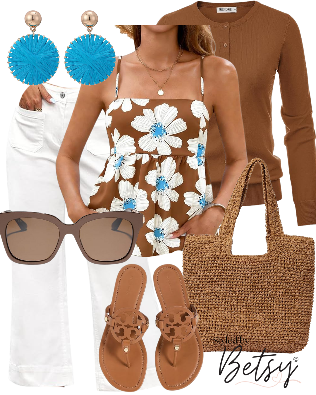Fashion collage featuring a brown floral sundress, brown cardigan, white jeans, tan sandals, large sunglasses, blue statement earrings, layered necklaces, and a woven tote bag.