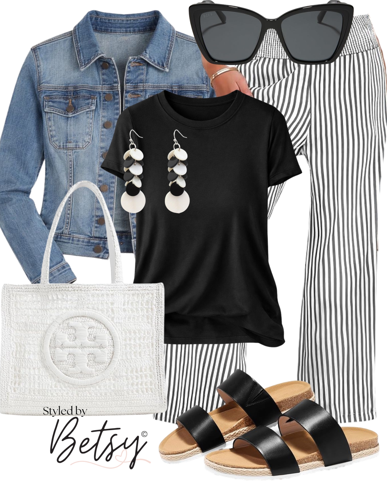 A casual summer outfit including a denim jacket, black t-shirt with large earrings, striped wide-leg pants, black sunglasses, white textured tote bag, black slide sandals, and silver rings.