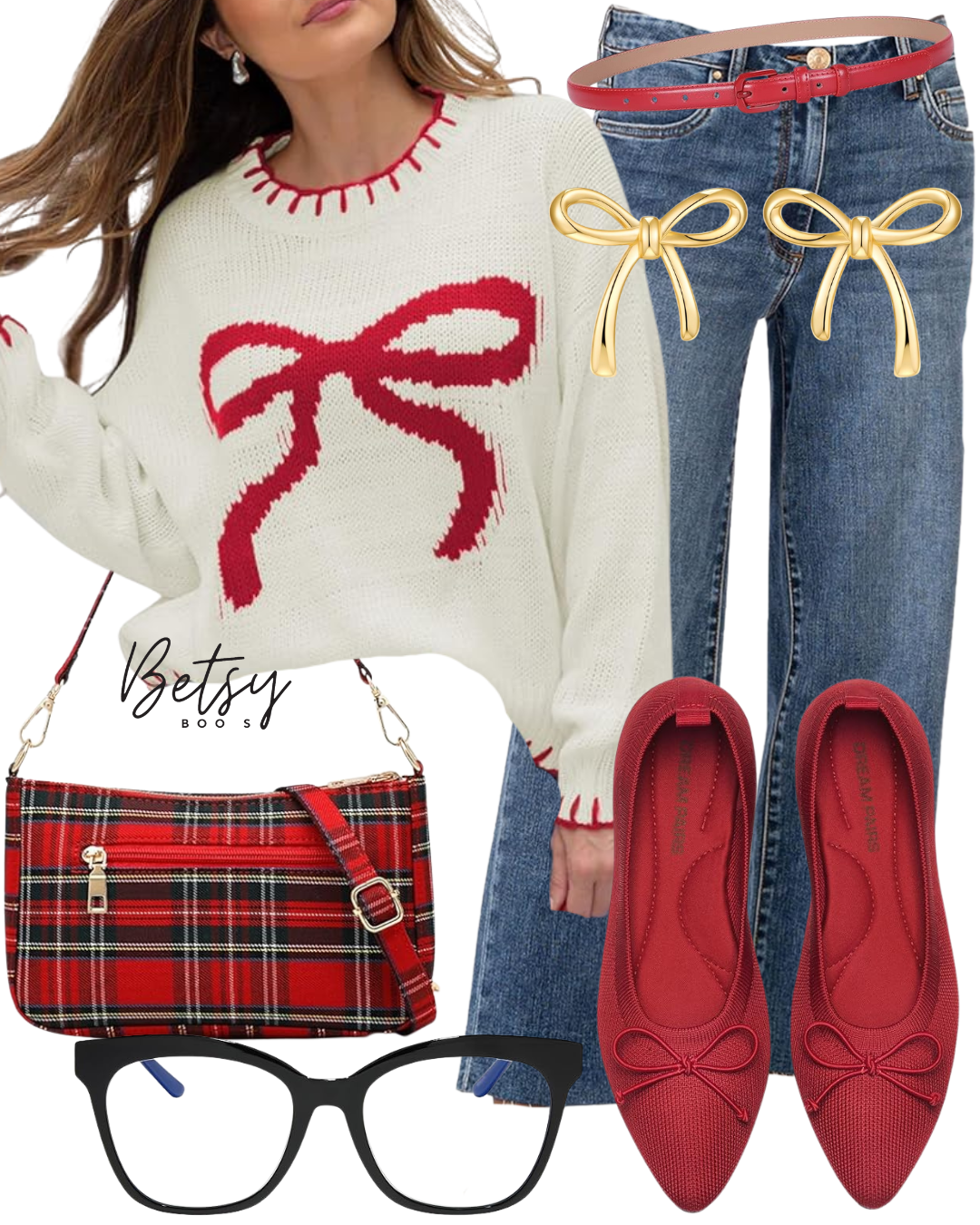 Casual outfit including a white sweater with a red bow design, blue jeans with a red belt, red flats with bows, black glasses, red plaid handbag, gold bow earrings, and glasses with black frames.