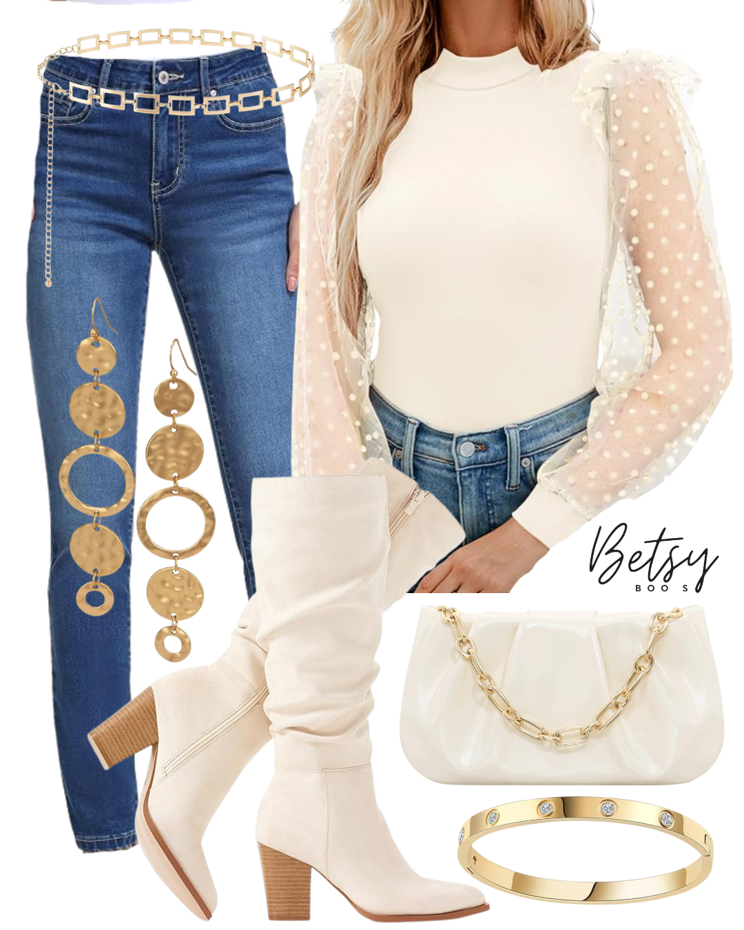Fashion collage featuring a woman in a white top with sheer polka dot sleeves, high-waisted blue jeans, cream heeled boots, and accessories including gold circular drop earrings, layered gold jewelry, a white clutch with a gold chain, and a gold ring