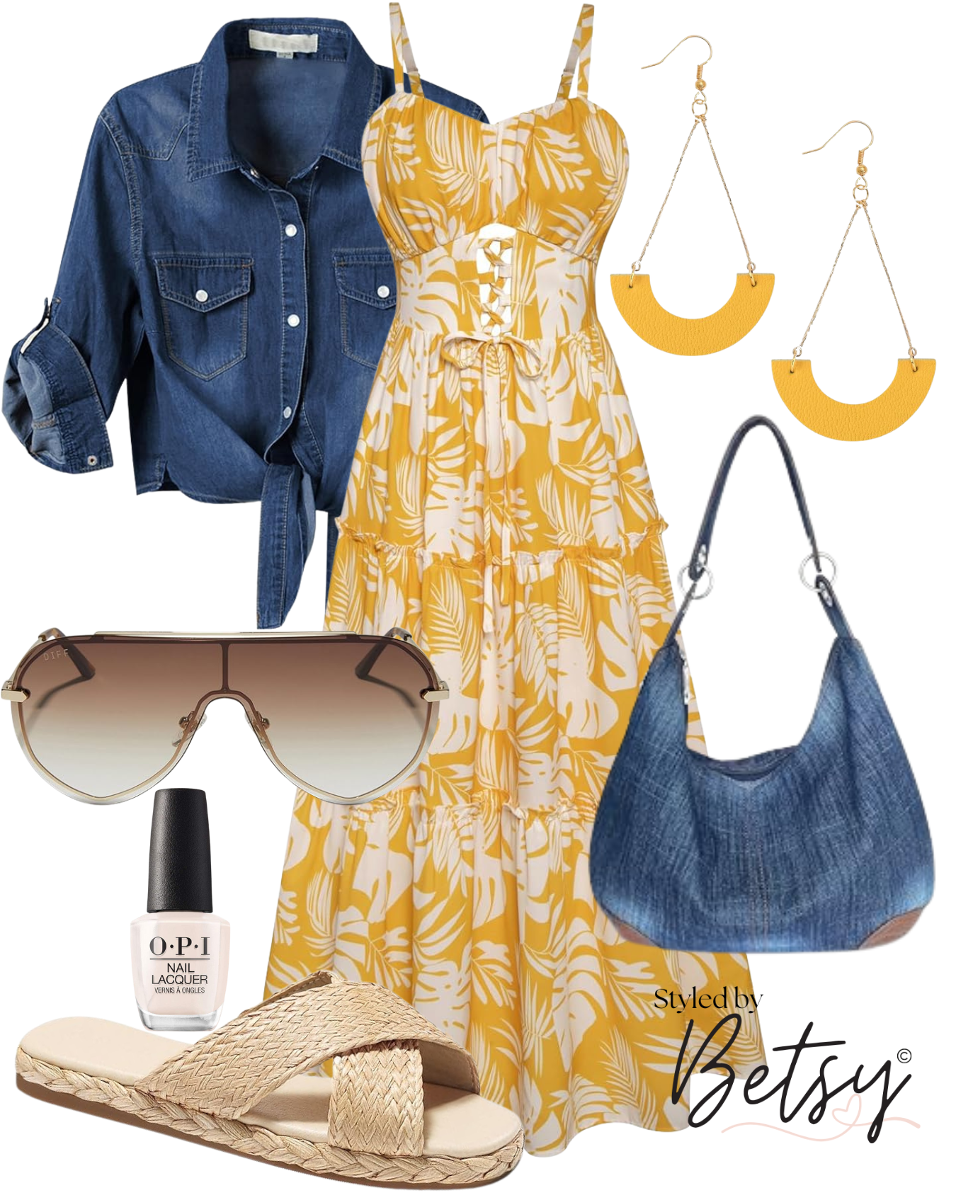 Stylish women's summer outfit featuring a yellow and white floral sundress, denim jacket, sunglasses, yellow statement earrings, blue denim shoulder bag, straw sandals, and nail polish.
