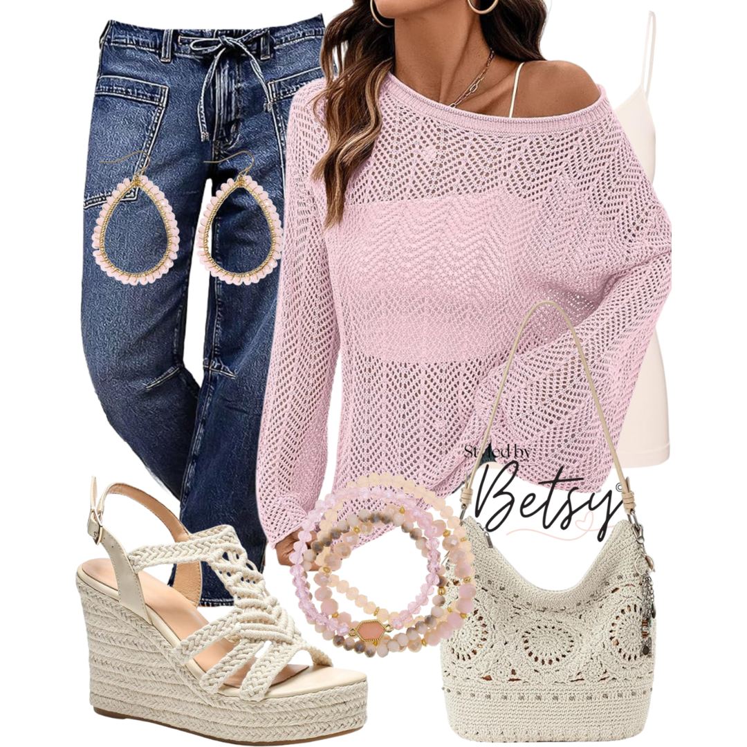 Fashion ensemble featuring a pink crochet sweater, dark blue drawstring jeans, cream wicker wedge sandals, pink jewelry, and a cream crochet handbag.