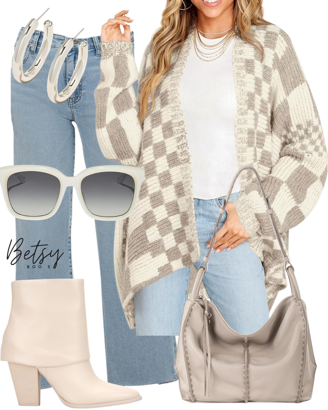 Casual fall outfit with a plaid cardigan, white T-shirt, light blue jeans, cream ankle boots, white sunglasses, jewelry, beige handbag, and white hoop earrings.