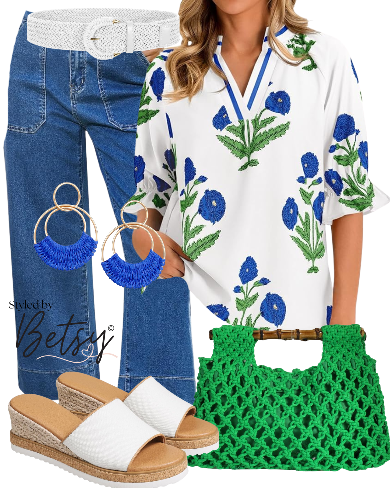 Fashion collage featuring a white floral blouse with blue flowers, blue jeans, white belt, white slide sandals, blue hoop earrings, green crochet handbag, and a partial view of a woman with blond hair.