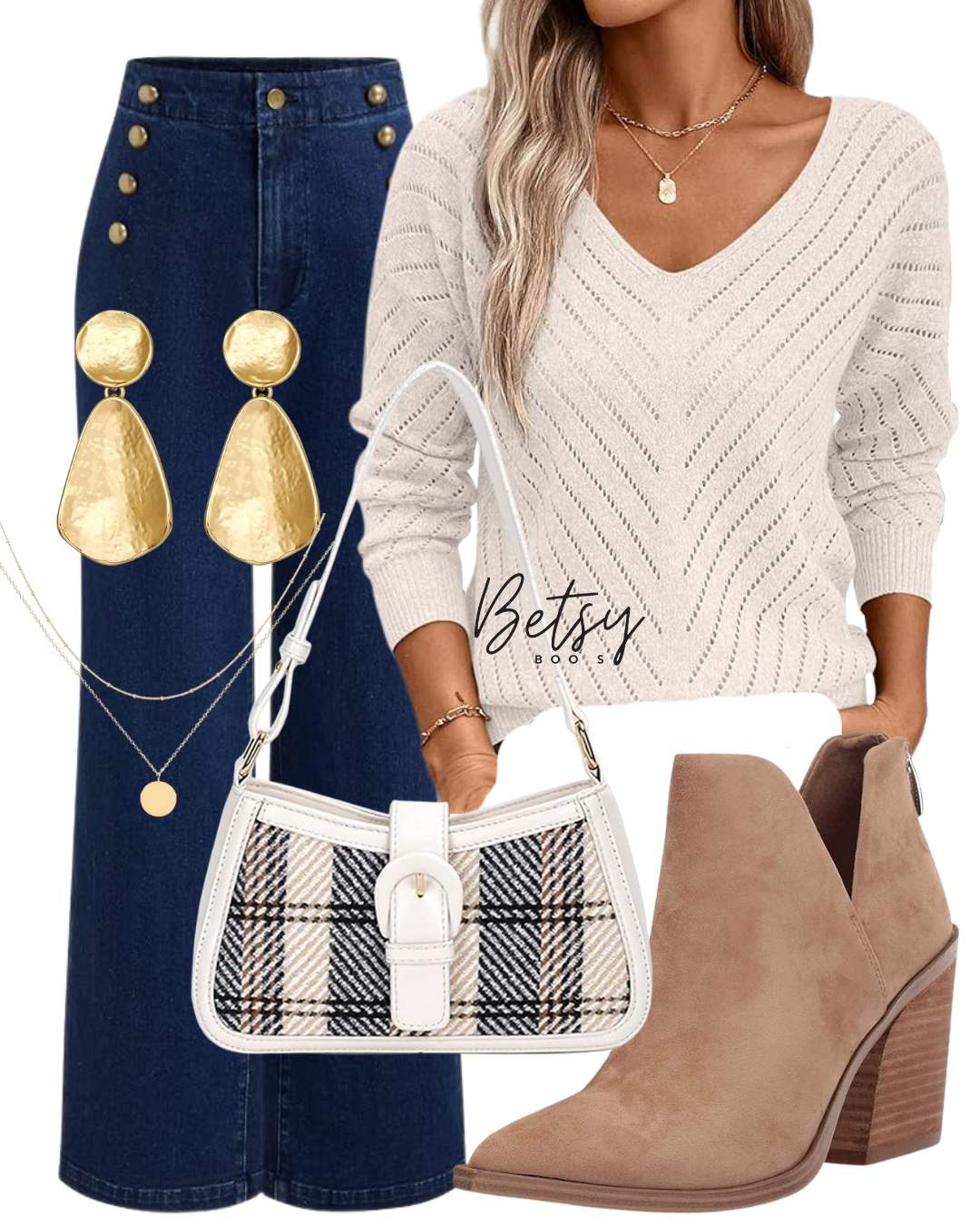 Casual women's outfit including a white V-neck knit sweater, high-waisted dark blue jeans with gold buttons, tan ankle boots with a chunky heel, gold statement earrings, layered gold necklaces, a white handbag with plaid detailing, and a gold bracele