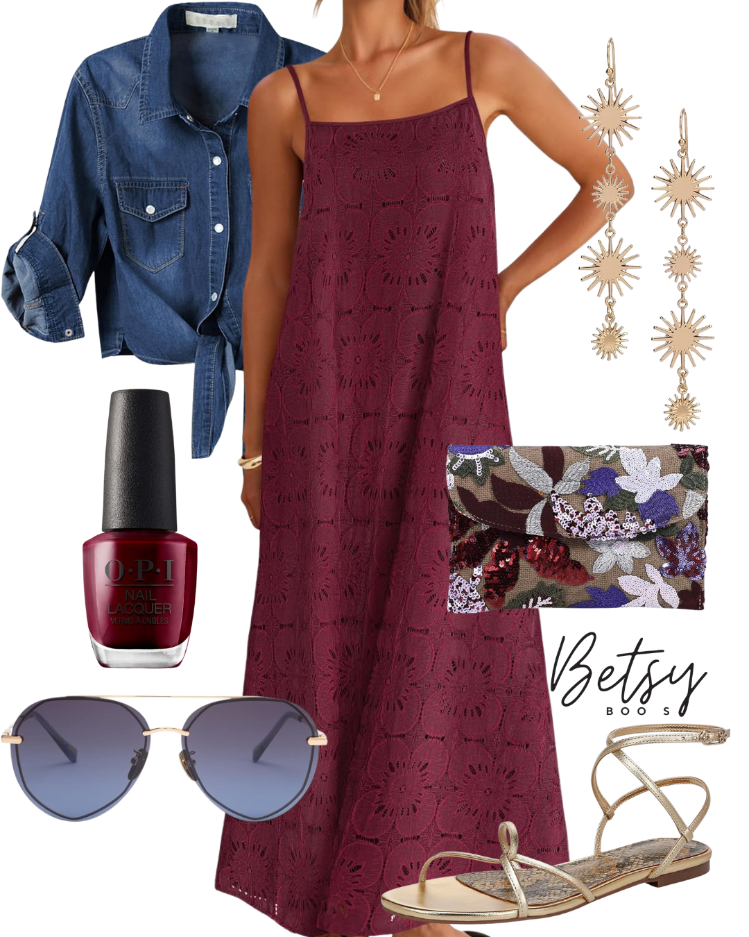A flat lay of a women's casual outfit featuring a maroon lace slip dress, a denim shirt, metallic gold strappy sandals, round blue-tinted sunglasses, gold sunburst earrings, burgundy nail polish, a floral embroidered clutch, and a simple gold necklac