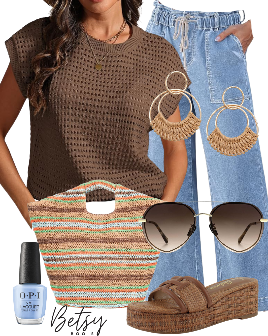 Fashion ensemble including a brown crochet top, light blue wide-leg jeans, woven hoop earrings, round sunglasses, striped woven bag, open-toe platform sandals, and light blue nail polish.