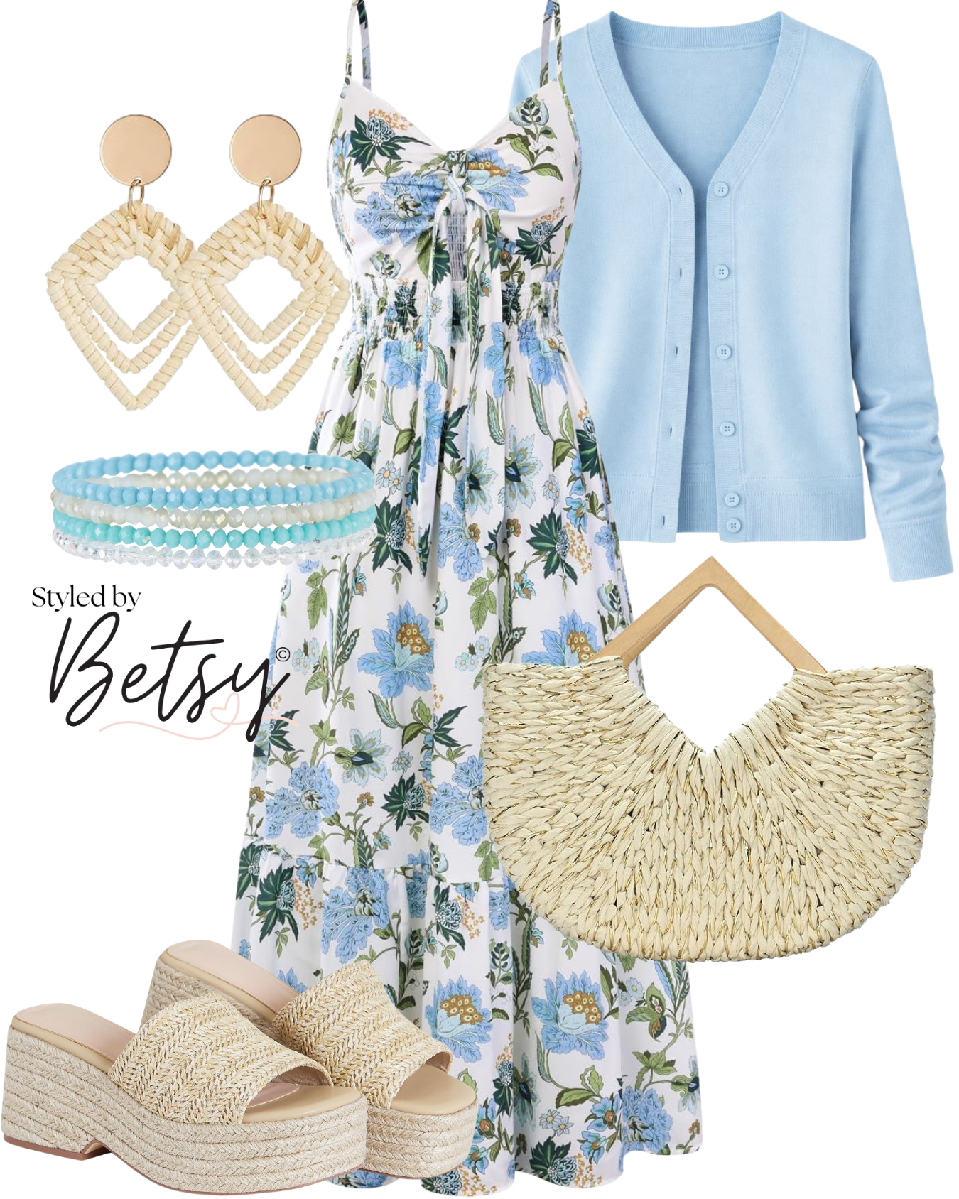 Light blue cardigan, floral dress with blue and green patterns, light blue bracelets, beige woven earrings, straw handbag, beige woven platform sandals.