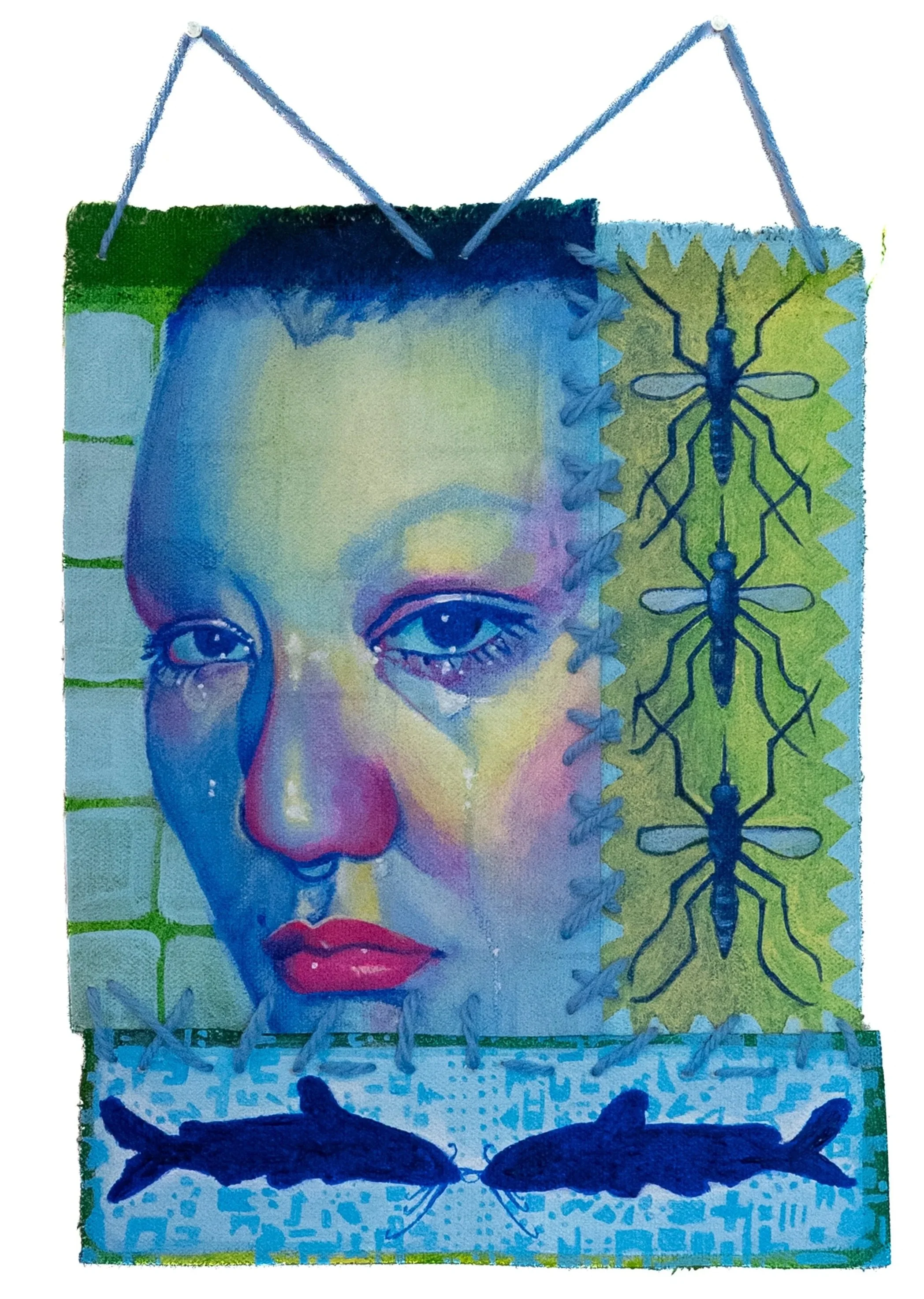 Notes From January, Acrylic paint on unstretched canvas sewn with yarn