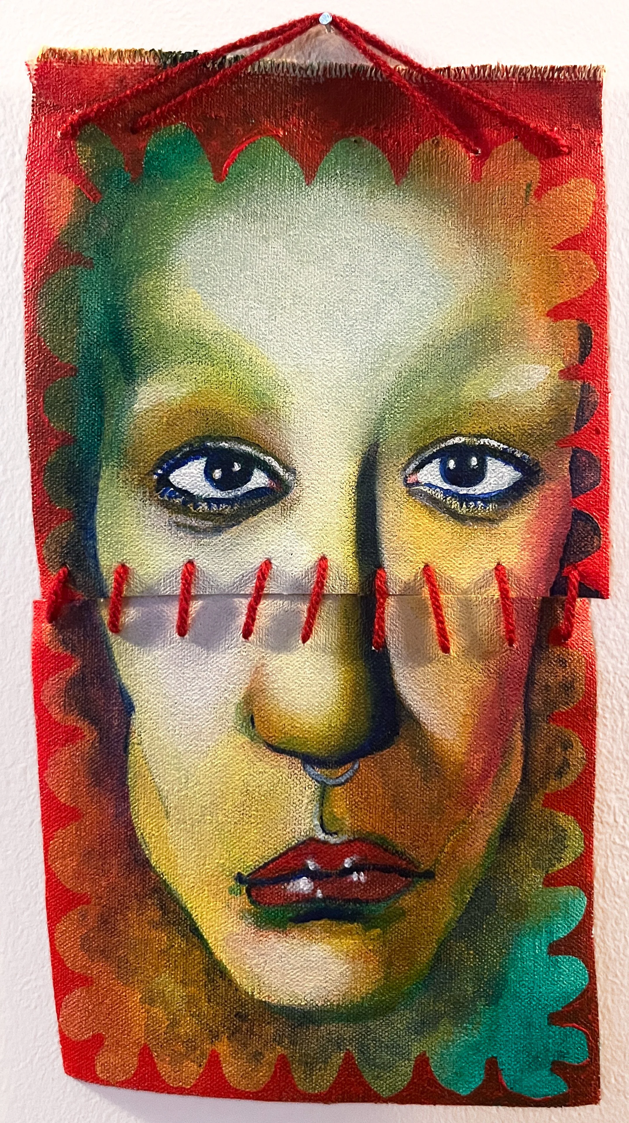 Stitch Experiment #1, Acrylic paint on unstretched canvas sewn with yarn