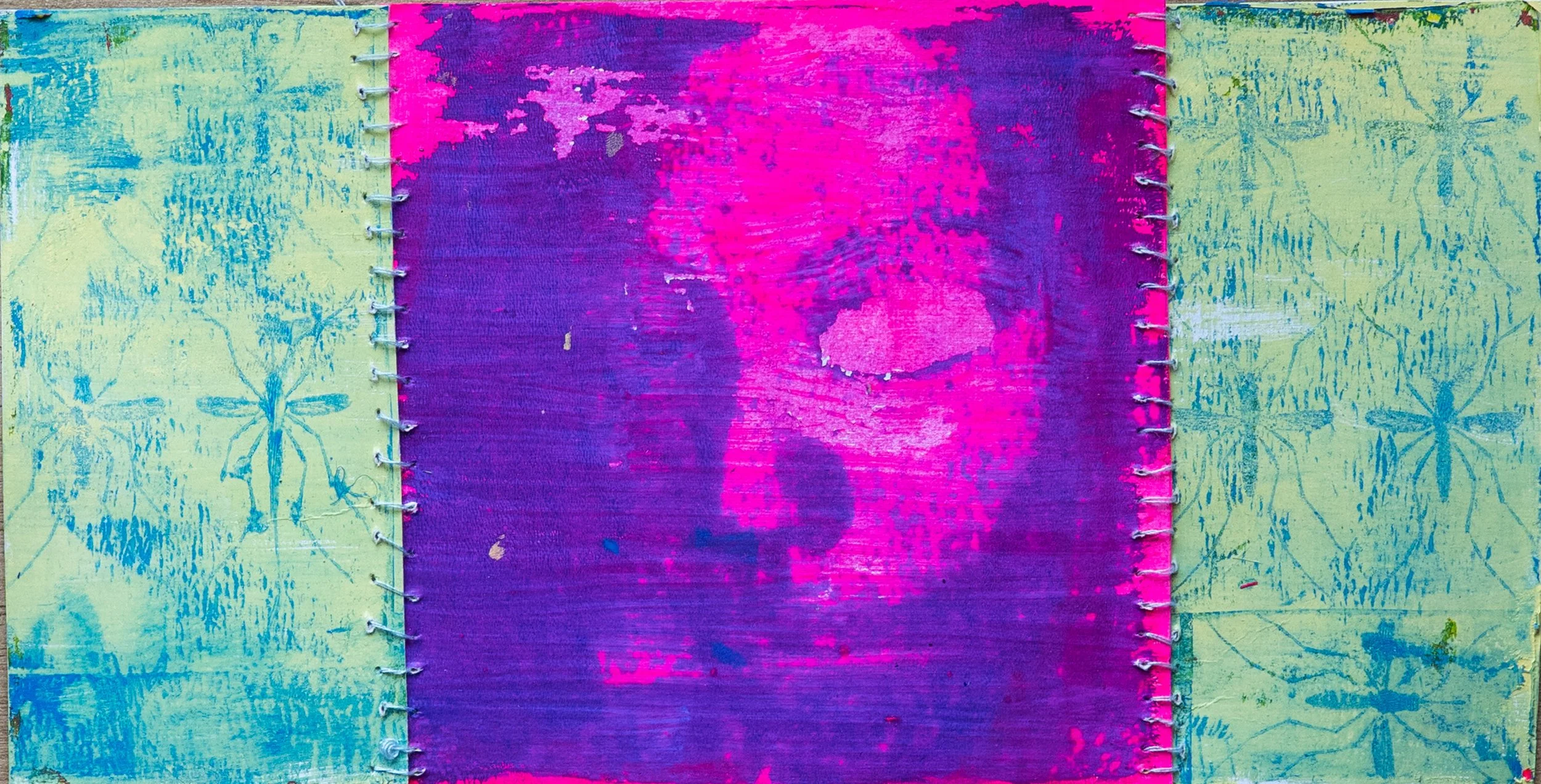 Sewing Experiment #2: Triptych, Gelli Print on Cardstock sewn with thread