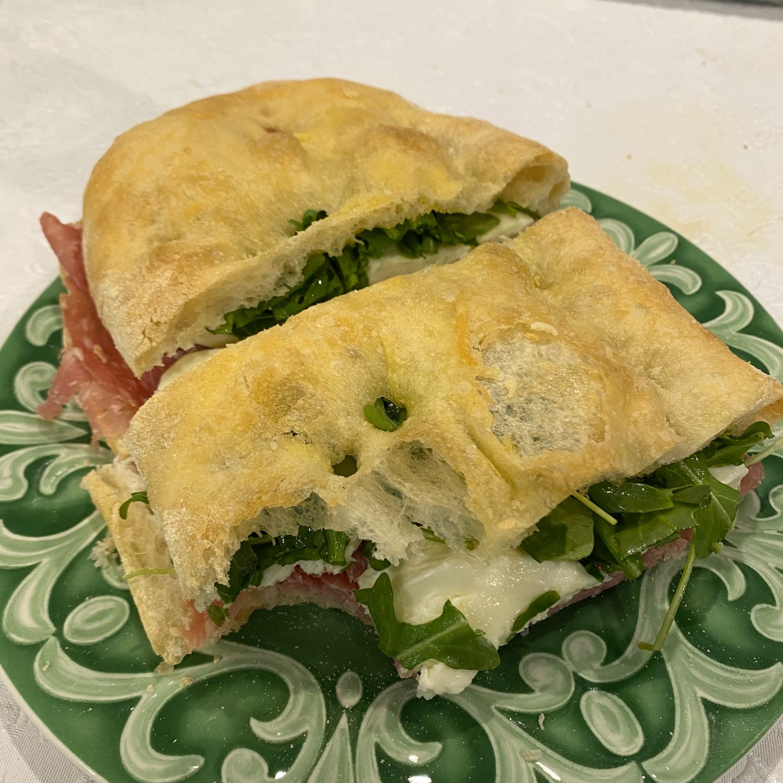 salami, mozzarella, arugula, schiacciata bread