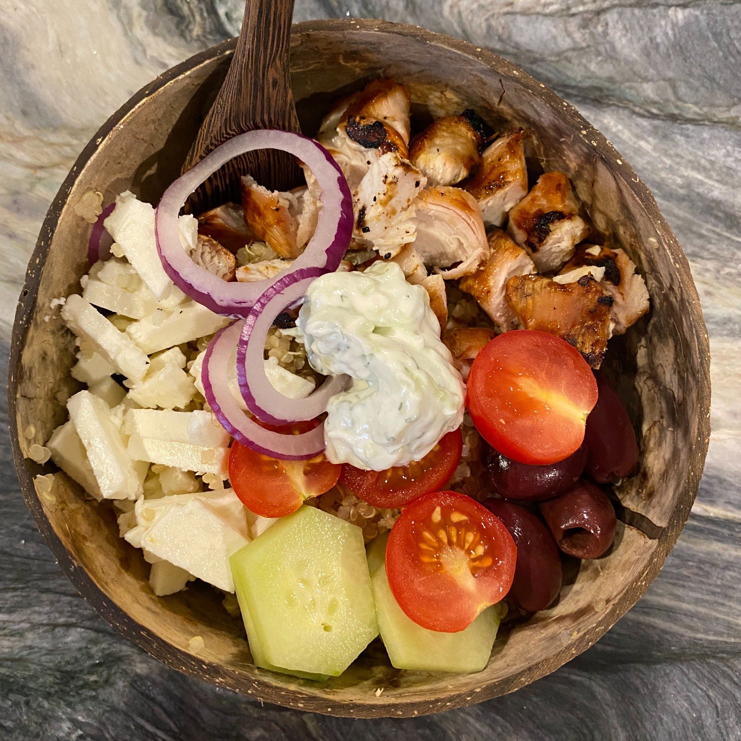 grilled chicken, feta, kalamata olives, red onion, cucumber, cherry tomato, farro