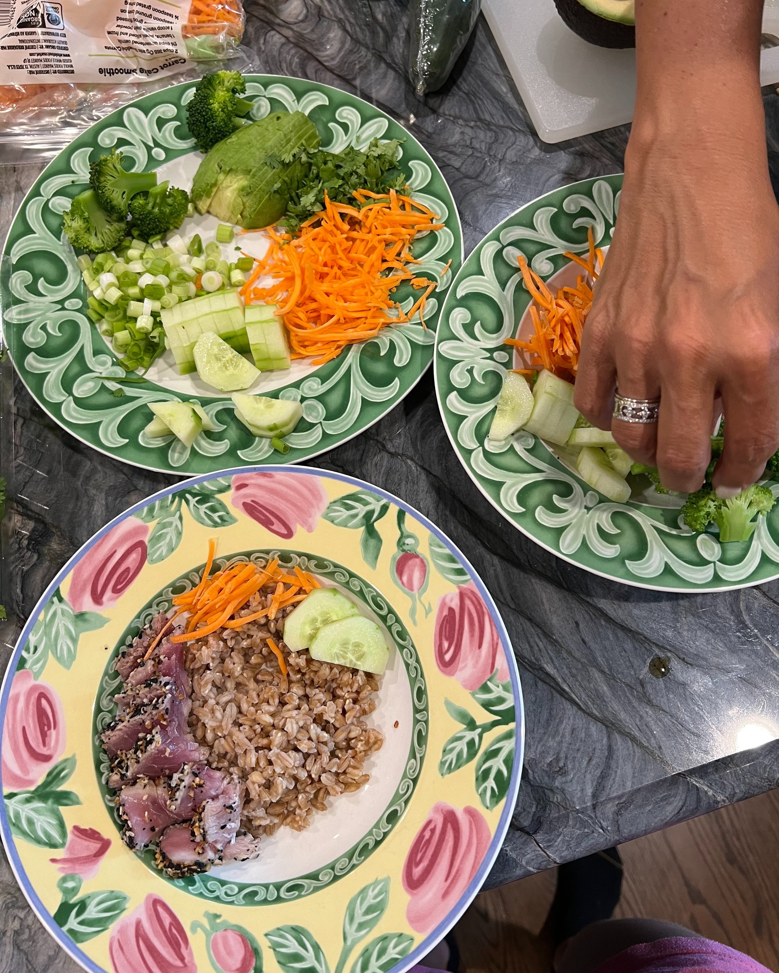 ahi tuna, farro, carrot, cucumber, broccoli, scallions, avocado, cilantro