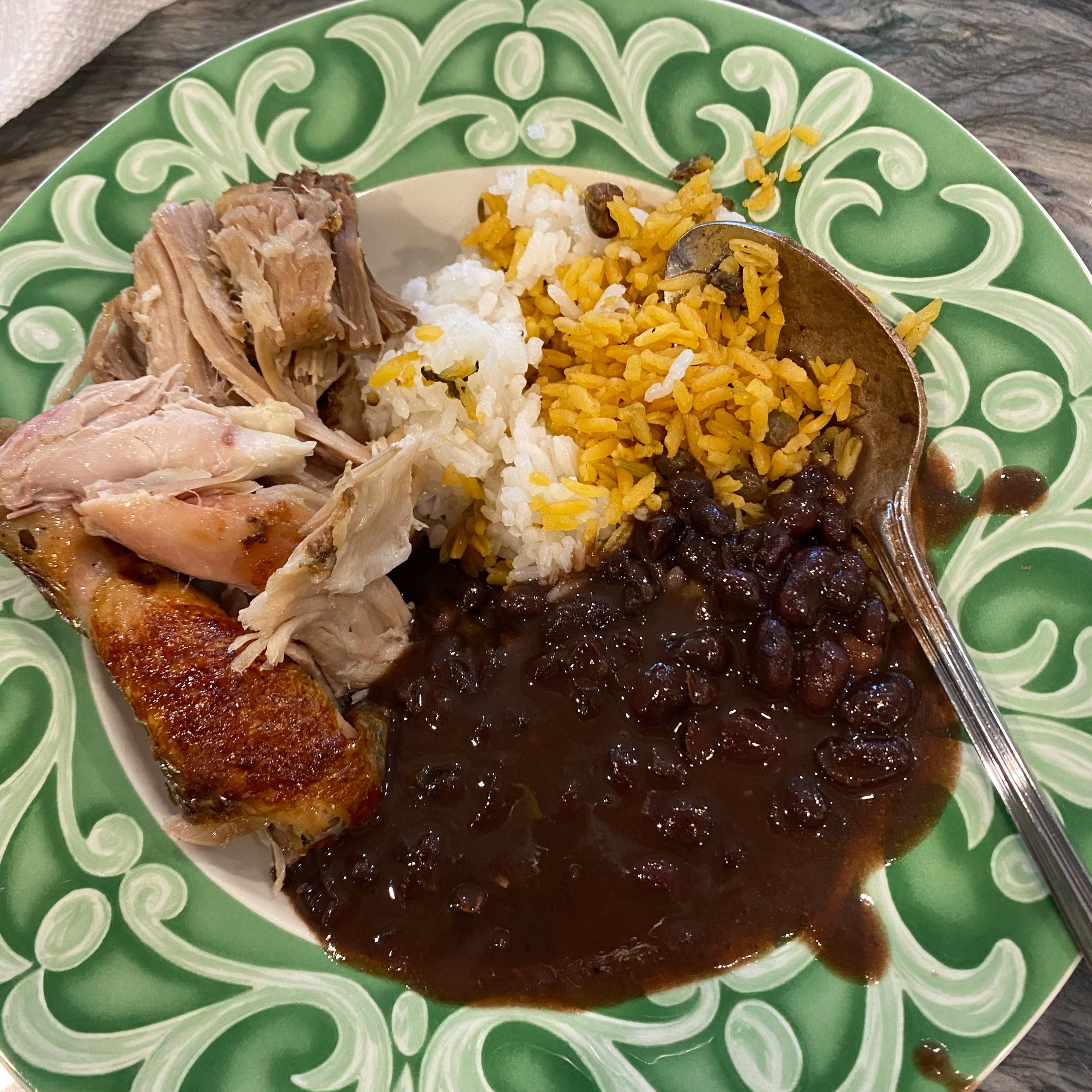 grilled chicken breast, black beans, white rice, spanish rice