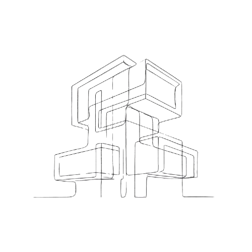 A black background image with white wireframe sketches of interconnected 3D geometric shapes and lines.